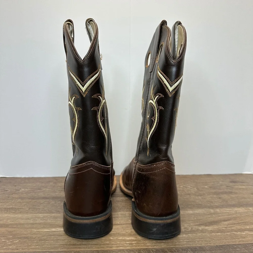 Old West Kids Boys Brown Leather Square Toe Western Cowboy Boots BSY1807 Size 4D
